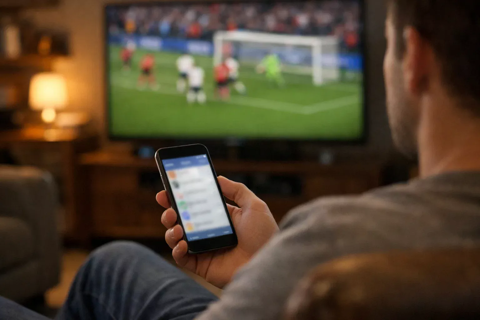 Aficionado de fútbol observando partido con tensión en los minutos finales