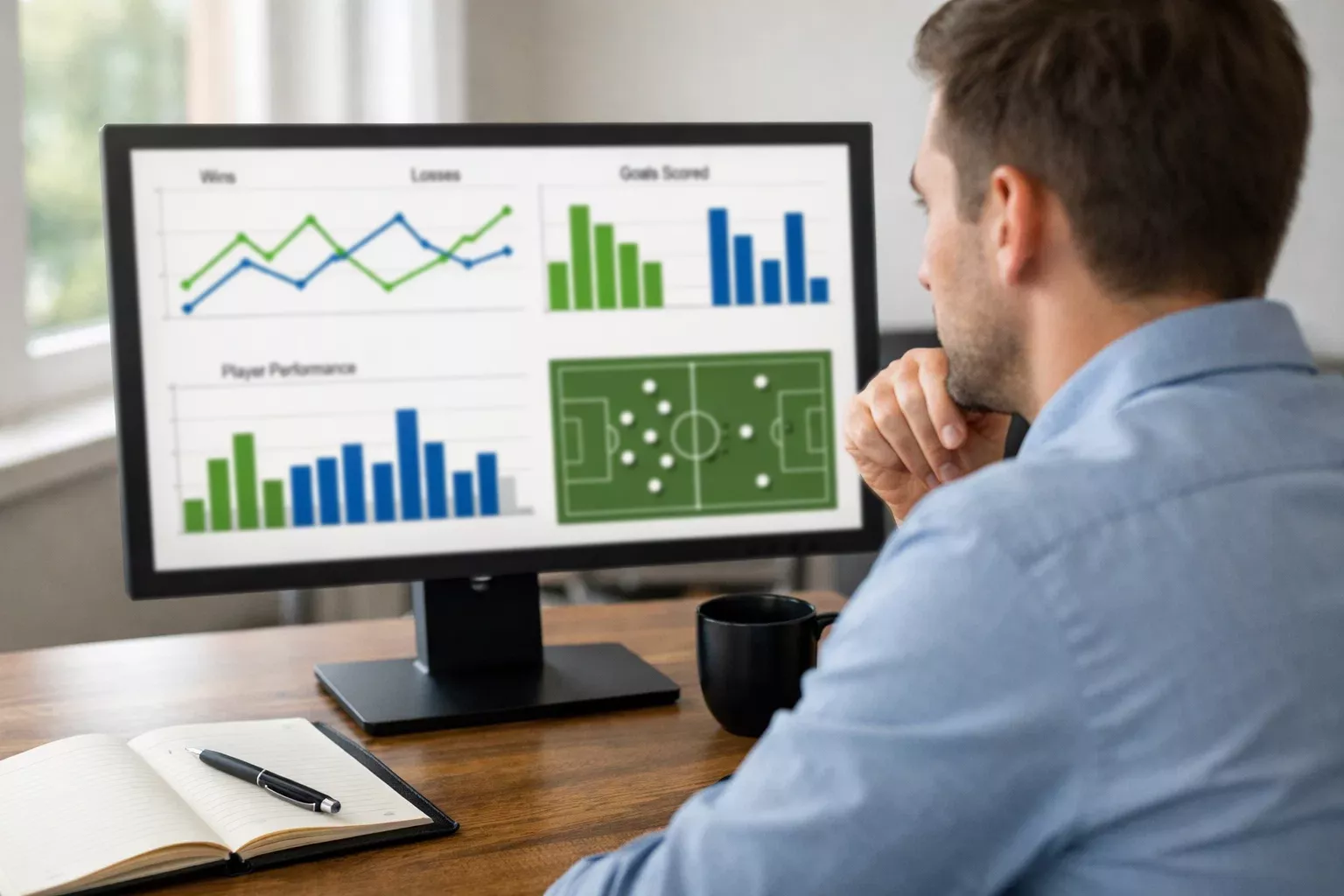 Analista revisando estadísticas de fútbol en pantalla