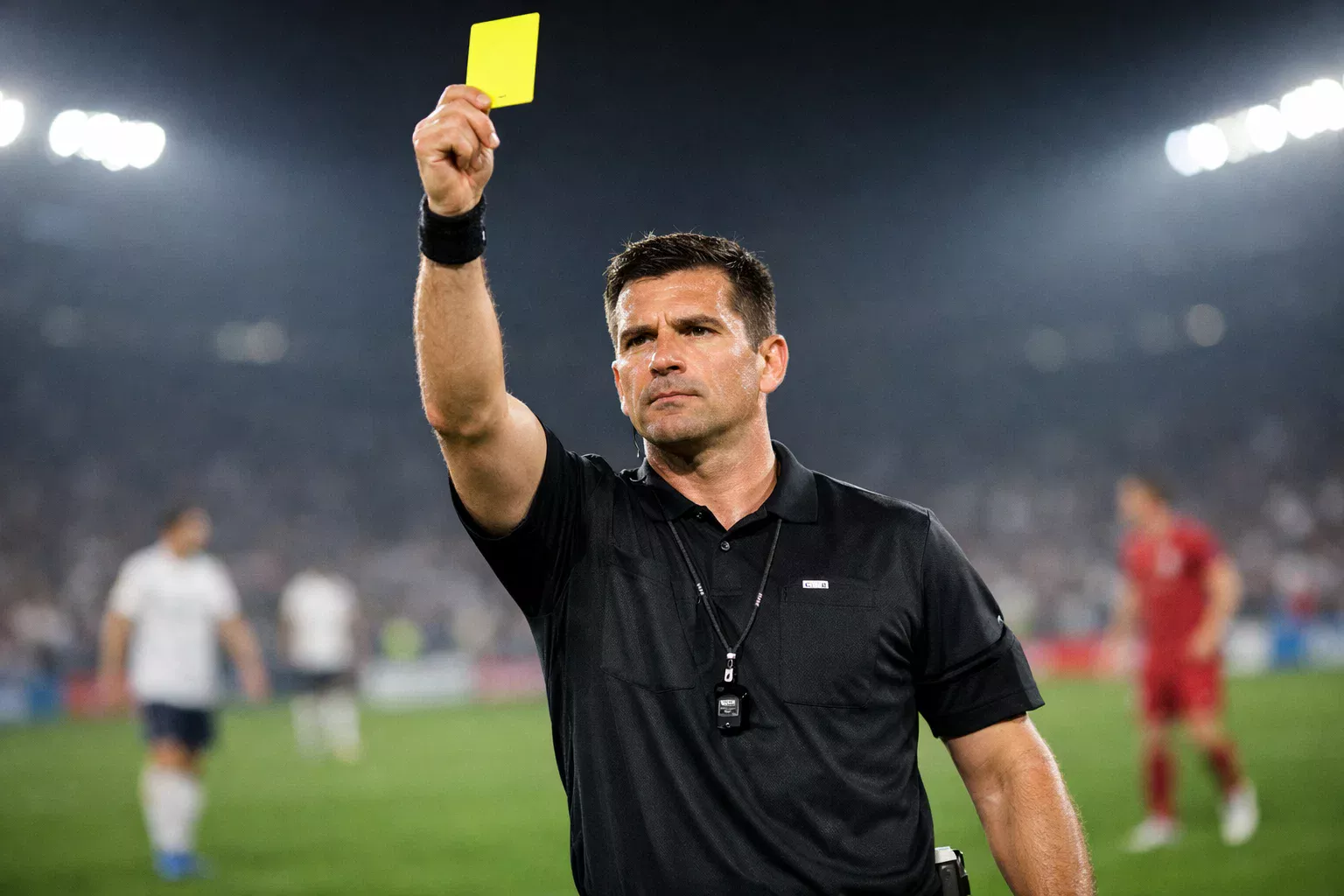 Árbitro de fútbol mostrando tarjeta amarilla durante un partido
