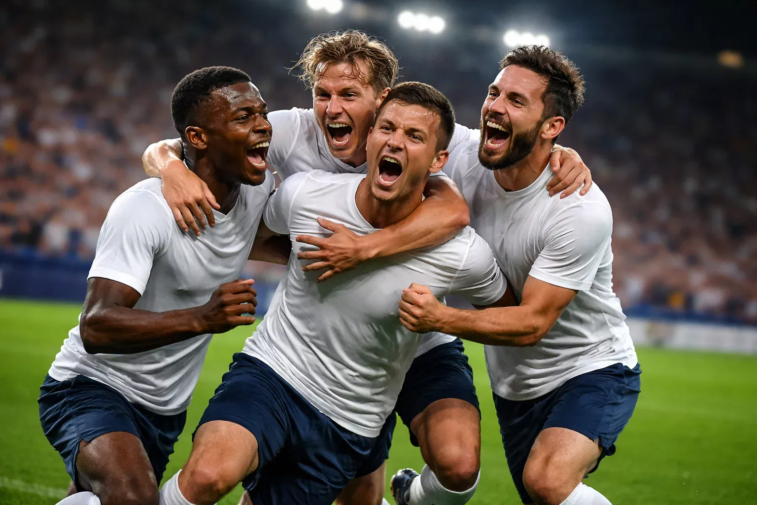 Jugadores de fútbol celebrando un gol en el campo