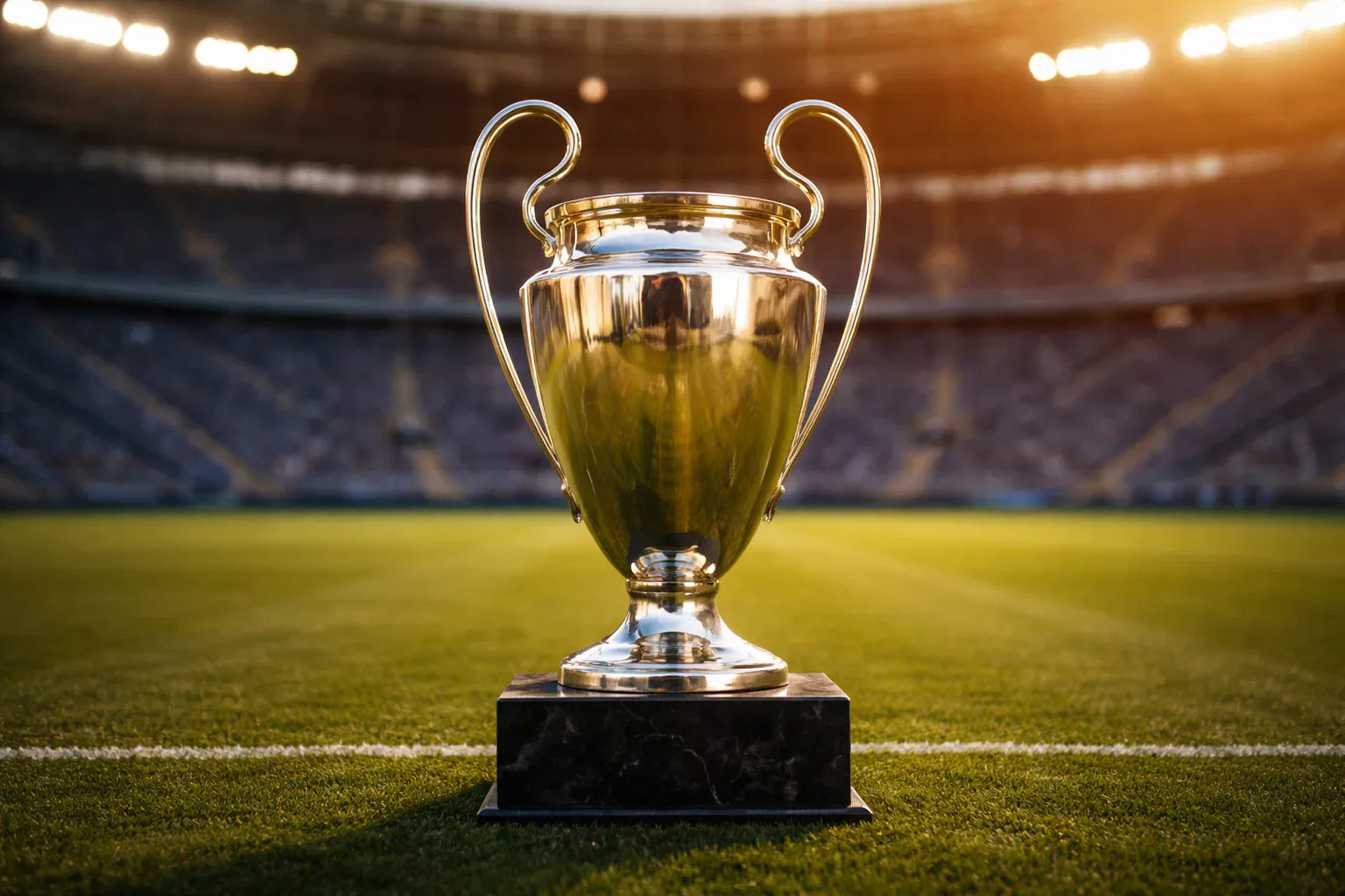Trofeo de la Champions League sobre césped de estadio profesional