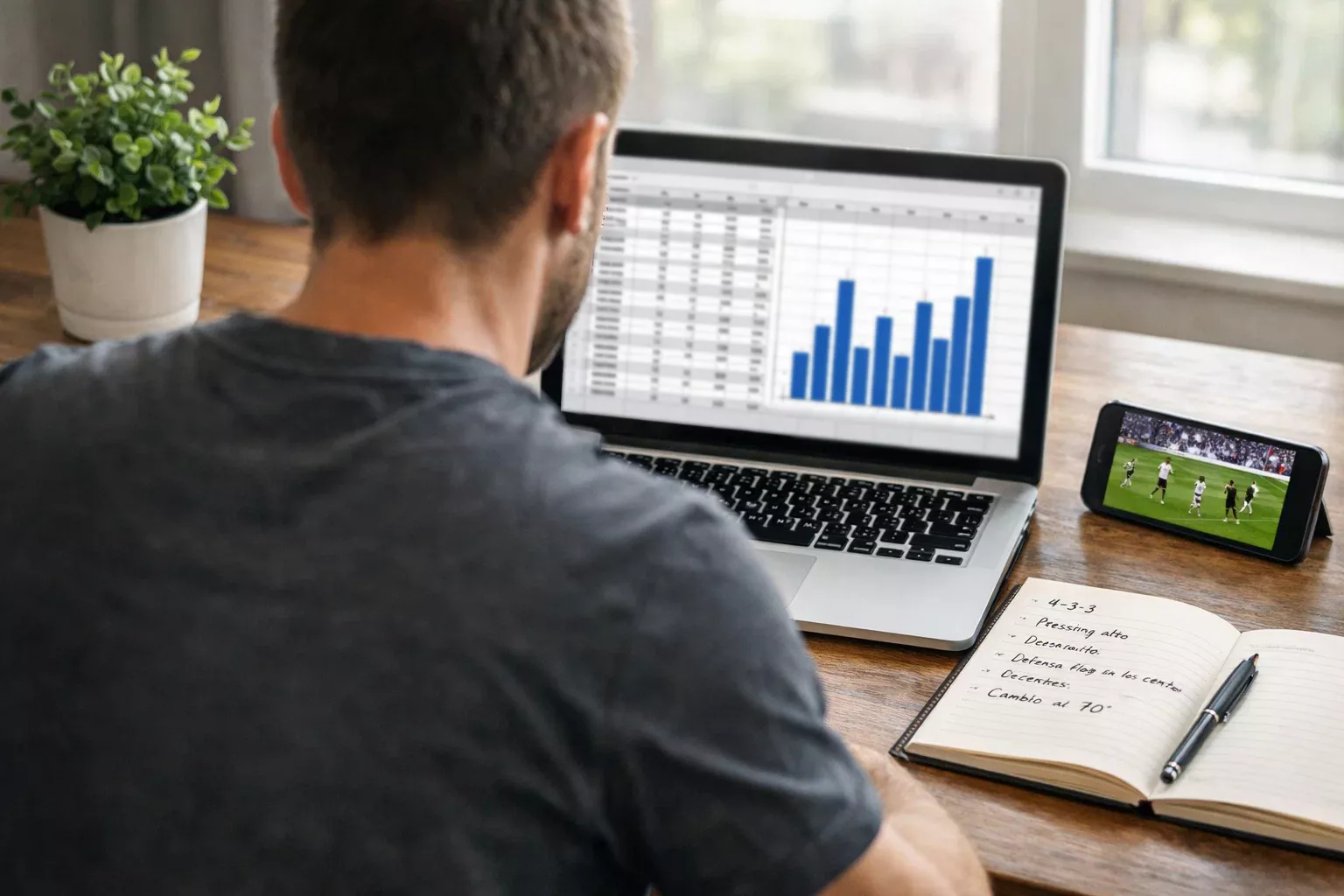 Persona analizando estadísticas de fútbol en portátil con bloc de notas