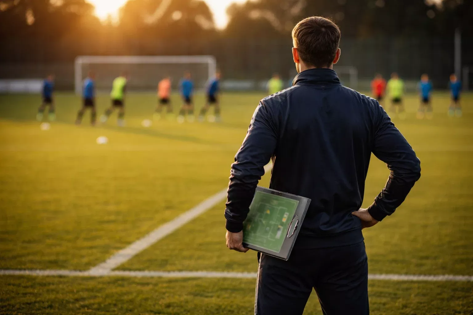Entrenador de fútbol revisando la alineación con su equipo técnico