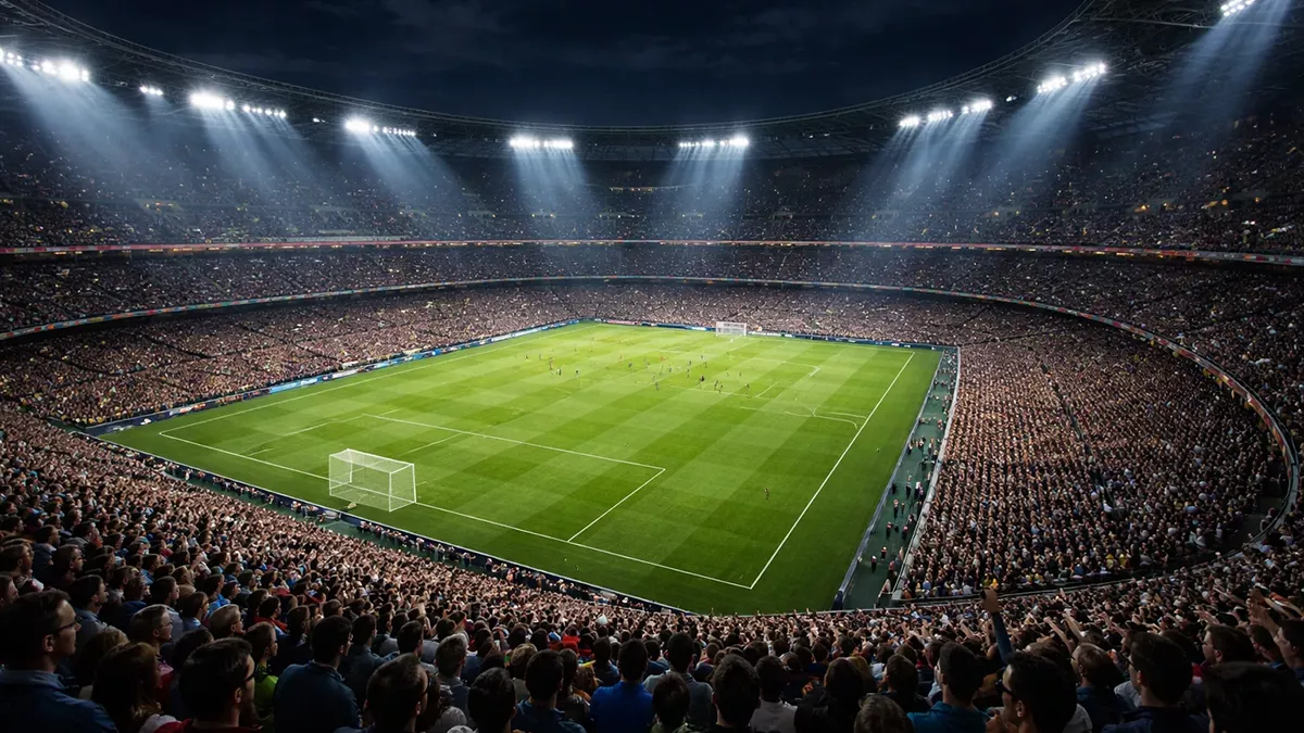 Estadio de fútbol lleno de aficionados durante un partido nocturno con iluminación espectacular