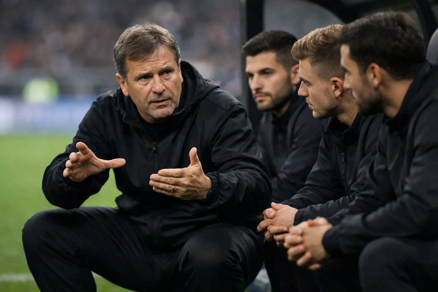 Entrenador de fútbol dando instrucciones tácticas a sus jugadores