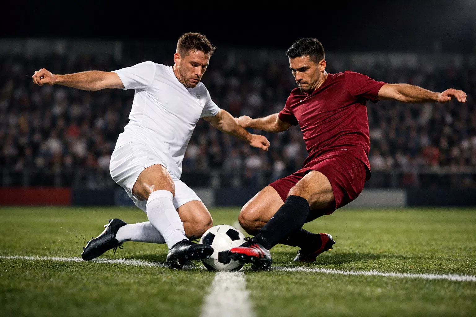 Jugadores de fútbol disputando un balón dividido en un partido de eliminatoria