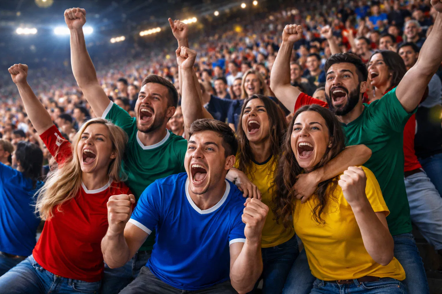 Aficionados celebrando un gol inesperado en las gradas del estadio