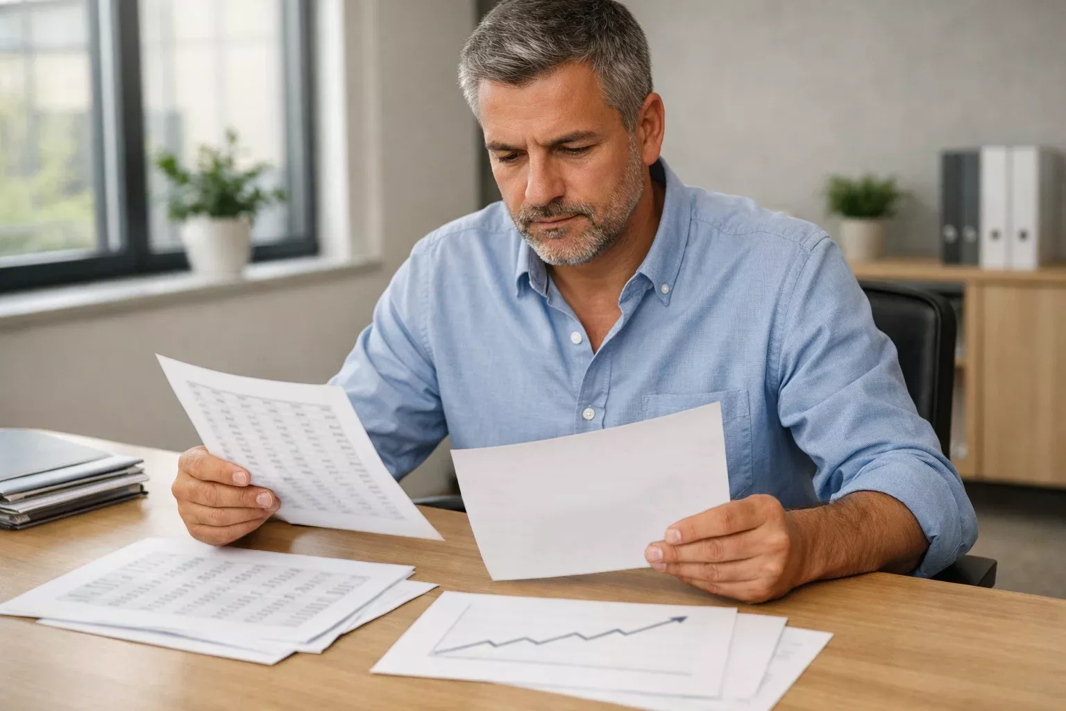Analista deportivo revisando estadísticas de fútbol en documentos