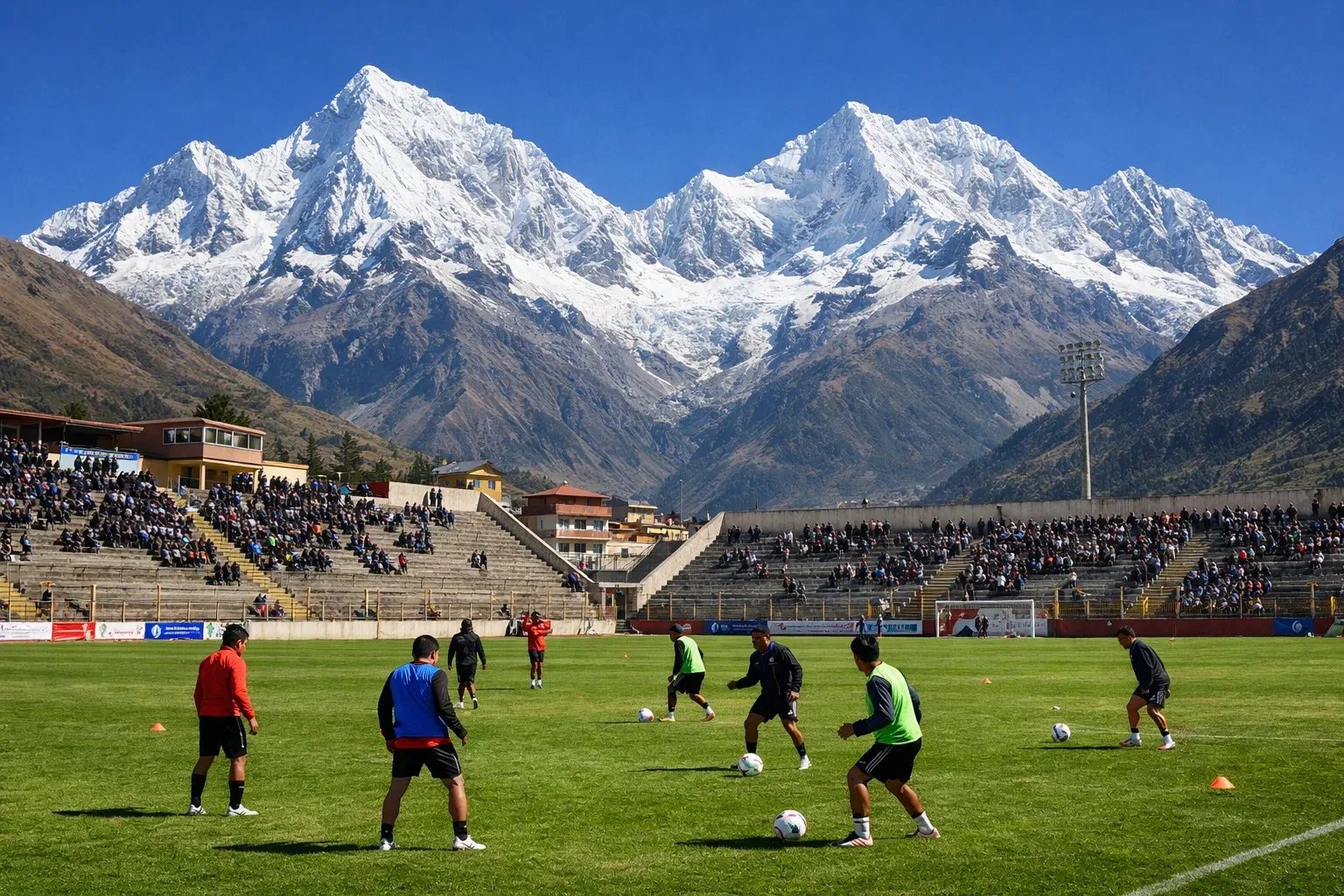 Estadio de fútbol en altura con montañas andinas de fondo