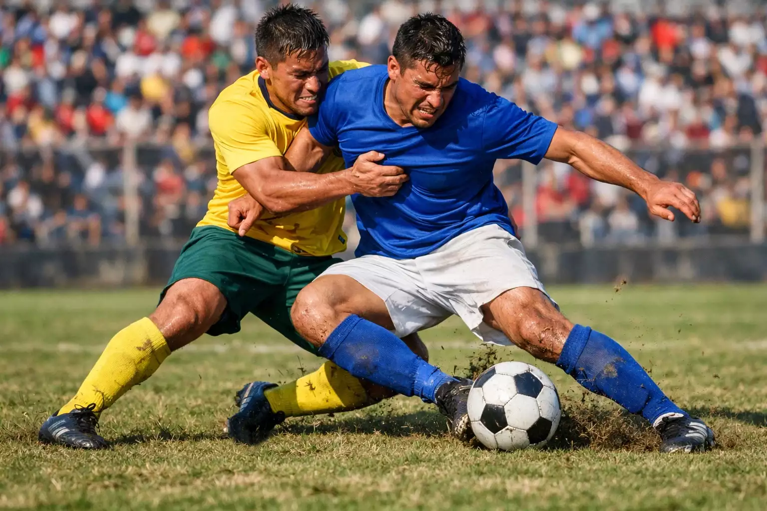 Jugadores de fútbol sudamericano disputando un balón en campo de césped