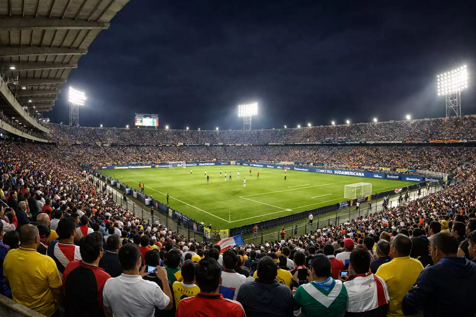 Partido nocturno de Copa Sudamericana con estadio lleno de aficionados