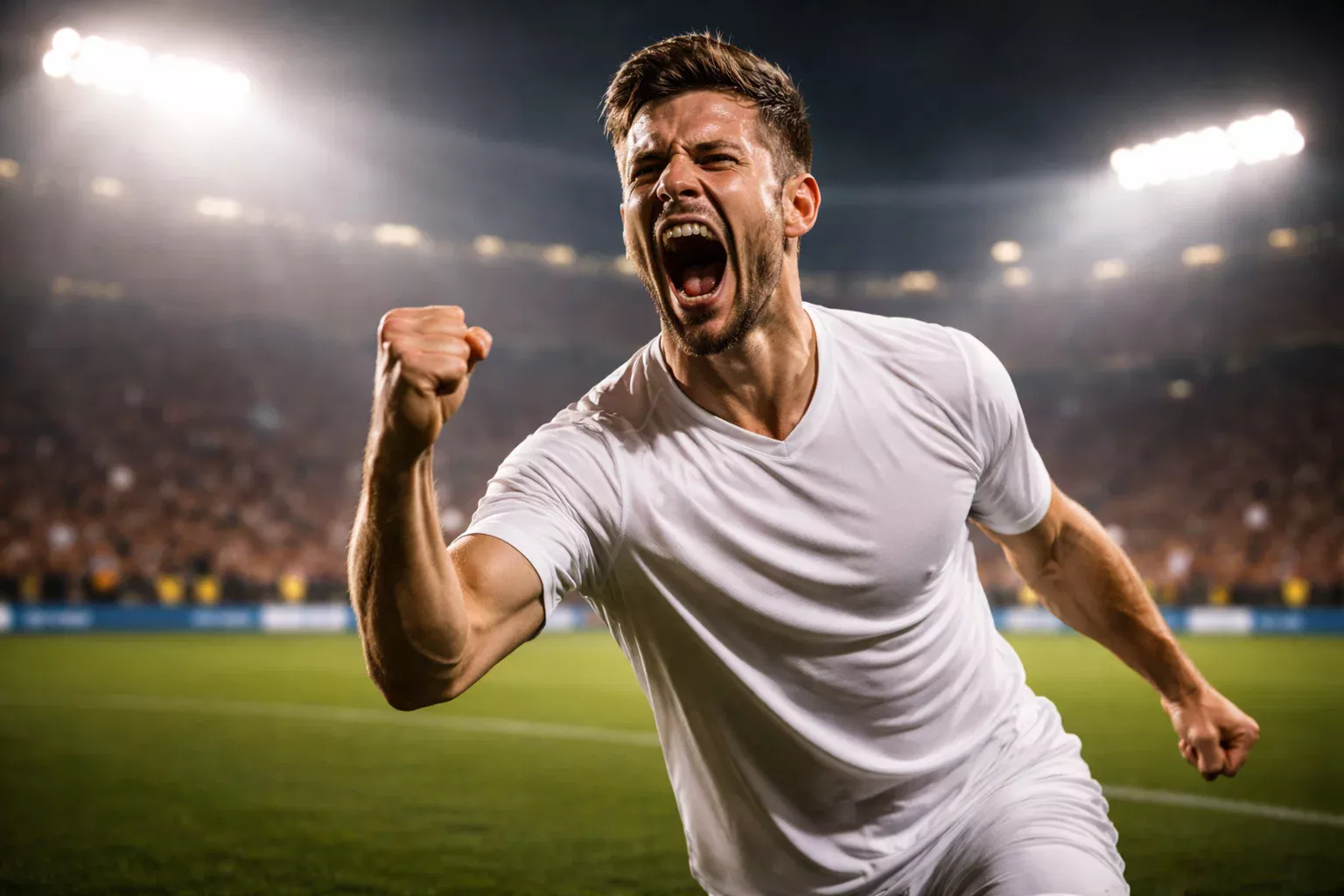 Jugador de fútbol celebrando gol de remontada con puño alzado