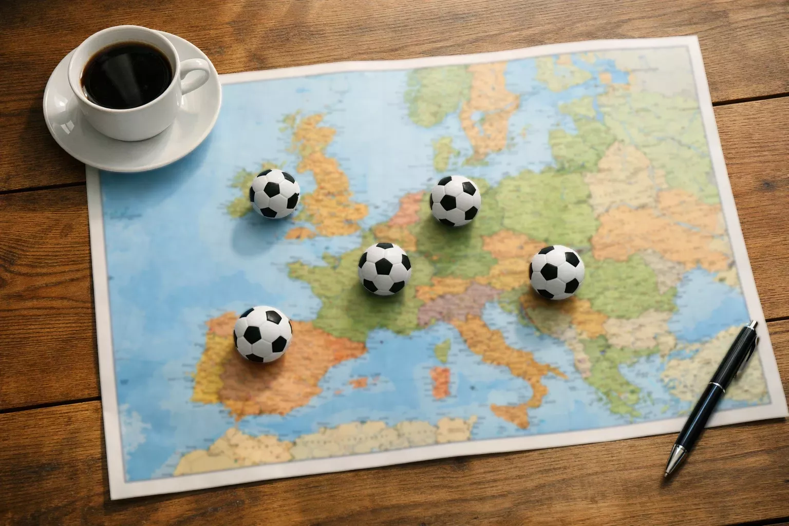 Mapa de Europa con los escudos de las principales ligas de fútbol